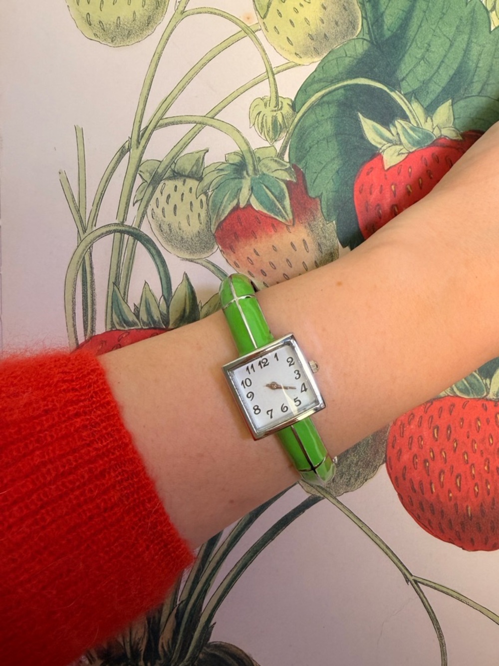 American Vintage Green Enamel Strap Square Silver Women’s Watch Unique